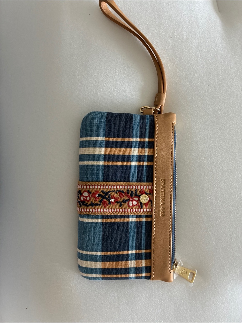 Spartina 449 Blue Plaid Wristlet with Tan Trim and Embroidered Floral Band